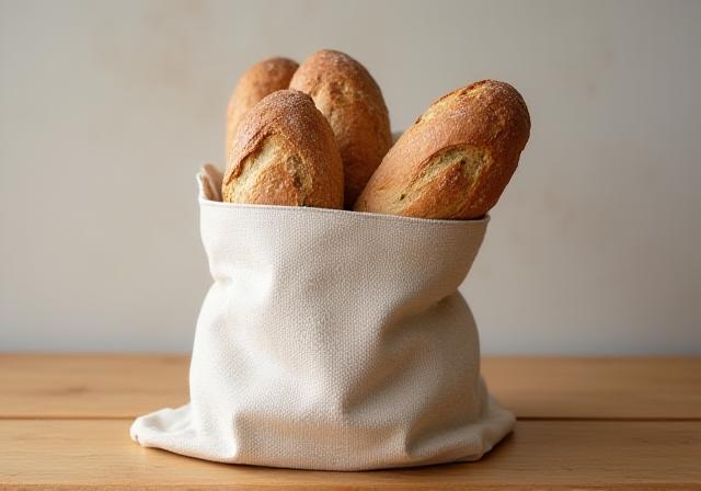Pan artesanal en una bolsa de tela de lino