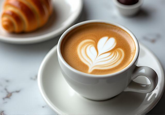 Taza de café humeante junto a una pieza de bollería fina