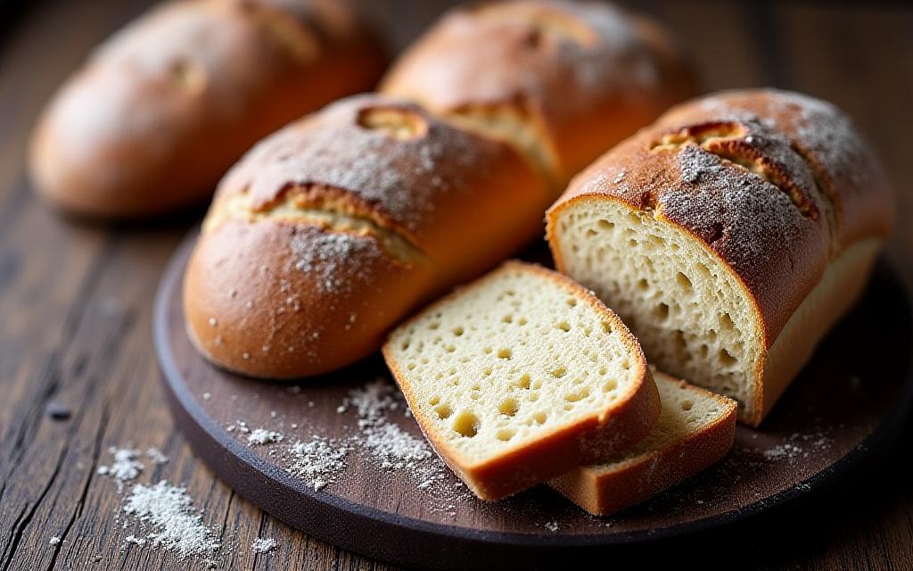 Pan artesanal cortado en una mesa de madera rústica