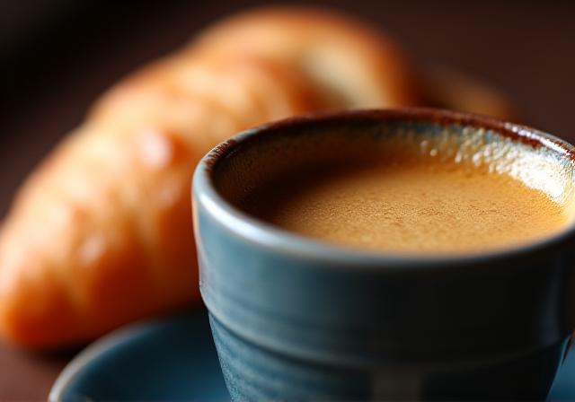 Espresso intenso junto a un croissant de mantequilla dorado