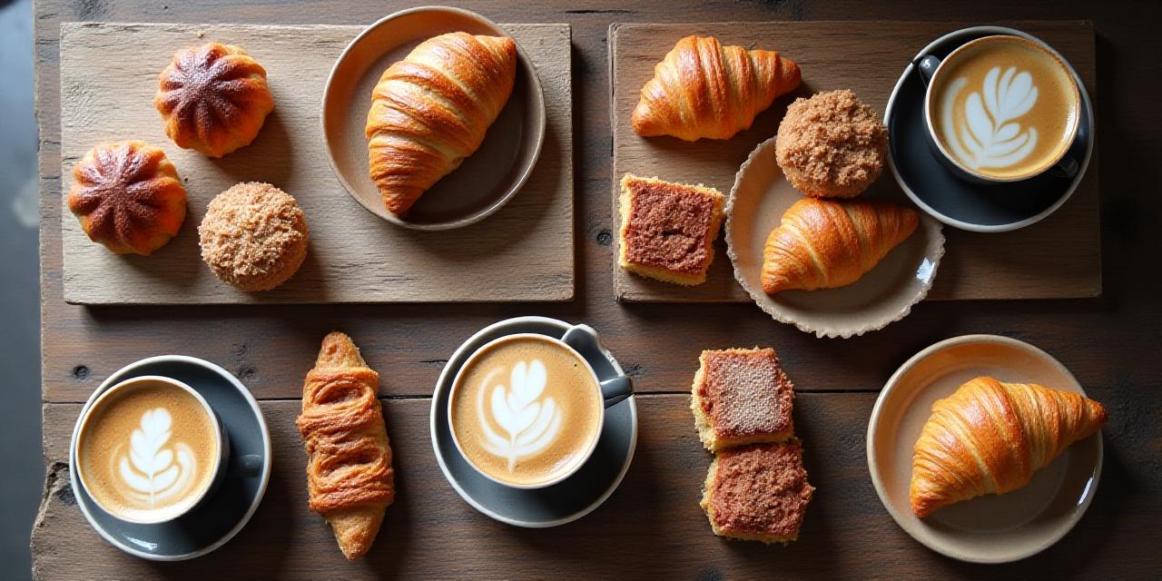 Mesa rústica con variedad de cafés y pasteles