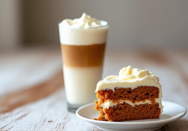 Café con leche suave y una porción de tarta de zanahoria