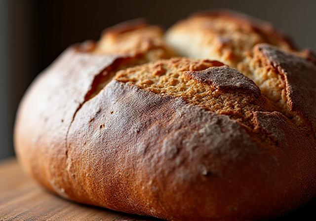 Primer plano de una hogaza de pan artesanal con textura crujiente