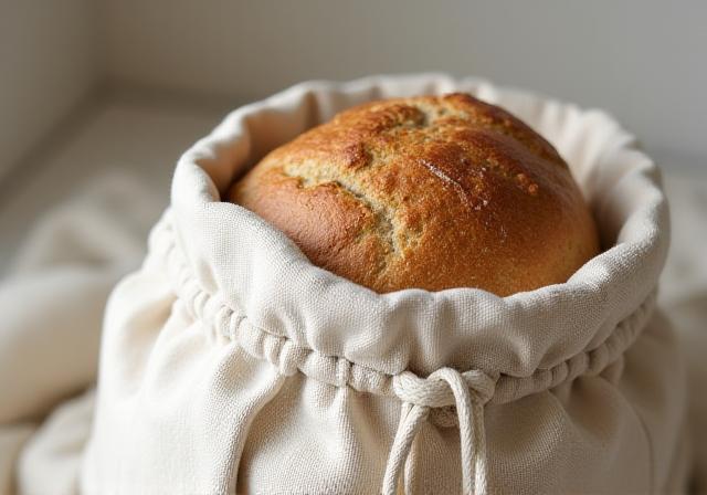 Pan en bolsa de lino orgánica sobre encimera
